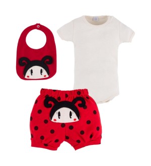 Conjunto de body joaninha com babador | Cor: Bege e vermelho